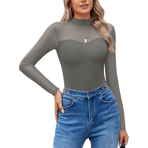 Avidlove Long Sleeve Bodysuits for Women Mock Neck Sheer Mesh Sleeve Bodysuit Double Lined Leotards Shirt Going Out Top(Dark Grey)