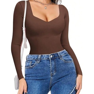 Avidlove Long Sleeve Bodysuits for Women Sexy Sweetheart Neck Going Out Outfits Double Lined Bodysuit(Brown)