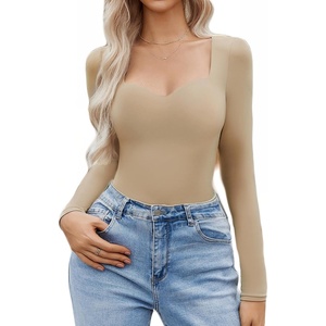 Avidlove Long Sleeve Bodysuits for Women Sexy Sweetheart Neck Going Out Outfits Double Lined Bodysuit(Khaki)