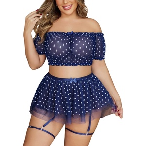 Avidlove Plus Size Garter Lingerie Set Mesh Ruffle Cosplay Lingerie with Mini Skirt 3 Piece Lingerie Set(Blue Polka Dots)