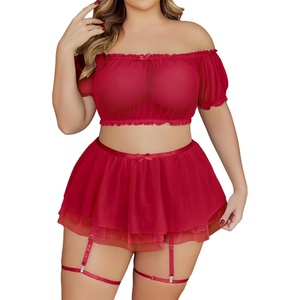 Avidlove Plus Size Garter Lingerie Set Mesh Ruffle Cosplay Lingerie with Mini Skirt 3 Piece Lingerie Set(Deep Red)
