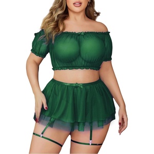 Avidlove Plus Size Garter Lingerie Set Mesh Ruffle Cosplay Lingerie with Mini Skirt 3 Piece Lingerie Set(Green)