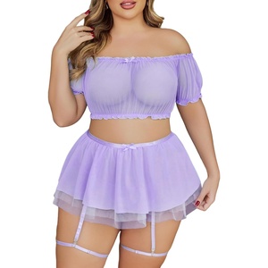 Avidlove Plus Size Garter Lingerie Set Mesh Ruffle Cosplay Lingerie with Mini Skirt 3 Piece Lingerie Set(Lilac)