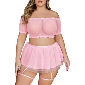 Avidlove Plus Size Garter Lingerie Set Mesh Ruffle Cosplay Lingerie with Mini Skirt 3 Piece Lingerie Set(Pink)