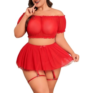 Avidlove Plus Size Garter Lingerie Set Mesh Ruffle Cosplay Lingerie with Mini Skirt 3 Piece Lingerie Set(Red)