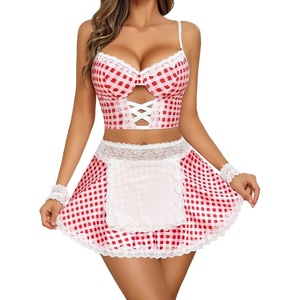 Avidlove Sexy Lingerie for Women Cosplay Lingerie Set Contrast Lace Costume Set(5pack)(Red Plaid)