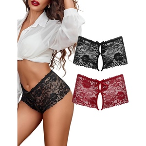 Avidlove Sexy Panties for Women Lace Underwear High Waist Cheeky Panty(Black+dark Red)