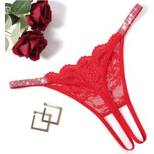 Avidlove Sexy Thongs for Women Floral Lace Briefs Rhinestones Strap Panties Hollow Out G-String T-back Underwear 1-4 Pack(Red)