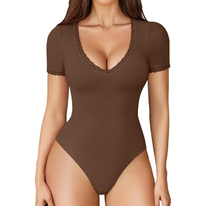 Avidlove Short Sleeve Bodysuit for Women Lace V Neck Body Suits Double Lined T Shirt Bodysuits Sexy Going Out Top(Brown)