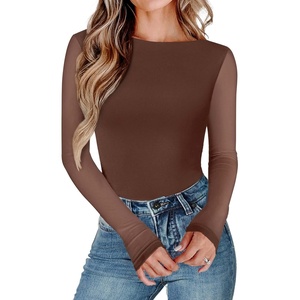 Avidlove Women Long Sleeve Body Suits Mesh Boat Neck Shapewear Bodysuit Crew Neck Leotards Going Out Tops Fall Outfits(Brown)
