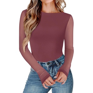 Avidlove Women Long Sleeve Body Suits Mesh Boat Neck Shapewear Bodysuit Crew Neck Leotards Going Out Tops Fall Outfits(Purple Red)