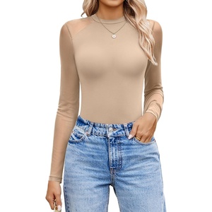 Avidlove Women Long Sleeve Bodysuit Crew Neck Body Suits Mesh One Piece Leotards Shirt Going Out Bodysuit Tops(Nude)