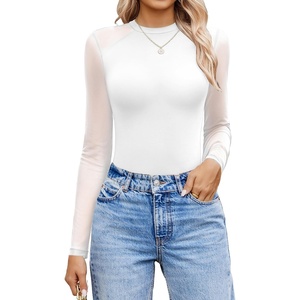 Avidlove Women Long Sleeve Bodysuit Crew Neck Body Suits Mesh One Piece Leotards Shirt Going Out Bodysuit Tops(White)