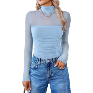 Avidlove Women Long Sleeve Bodysuit Turtle Neck Shapewear Body Suits Mesh One Piece Leotard Shirt Going Out Tops Fall Outfits(Light Blue)