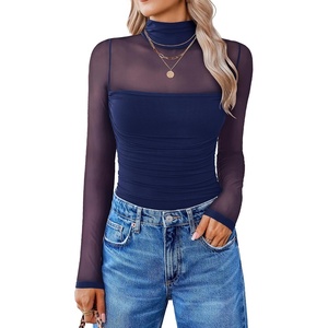 Avidlove Women Long Sleeve Bodysuit Turtle Neck Shapewear Body Suits Mesh One Piece Leotard Shirt Going Out Tops Fall Outfits(Navy Blue)