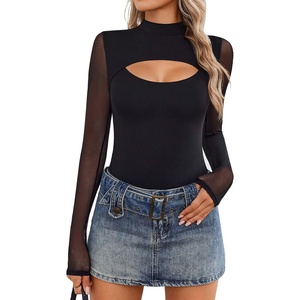 Avidlove Women Long Sleeve Thong Bodysuit Turtle Neck Shapewear Sexy Mesh Top Double Lined Cutout Shirt XS-2XL(Black)