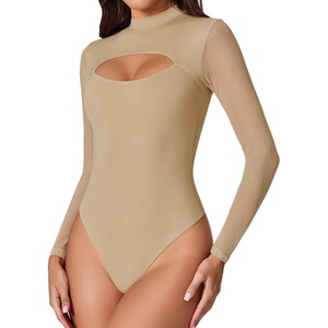 Avidlove Women Long Sleeve Thong Bodysuit Turtle Neck Shapewear Sexy Mesh Top Double Lined Cutout Shirt XS-2XL(Khaki)