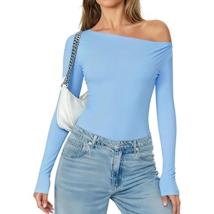 Avidlove Women Off the Shoulder Long Sleeve Bodysuit Double Lined Thong Body Suits Tops Soft Sexy Outfits(Light Blue)