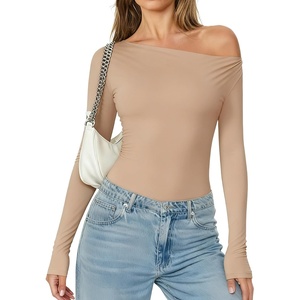 Avidlove Women Off the Shoulder Long Sleeve Bodysuit Double Lined Thong Body Suits Tops Soft Sexy Outfits(Nude)