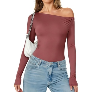 Avidlove Women Off the Shoulder Long Sleeve Bodysuit Double Lined Thong Body Suits Tops Soft Sexy Outfits(Purple Red)