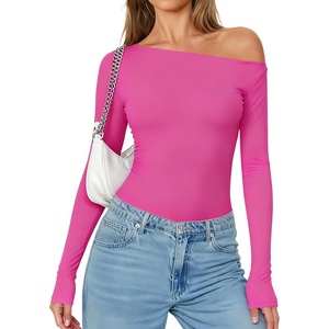 Avidlove Women Off the Shoulder Long Sleeve Bodysuit Double Lined Thong Body Suits Tops Soft Sexy Outfits(Rose Red)