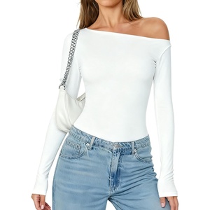 Avidlove Women Off the Shoulder Long Sleeve Bodysuit Double Lined Thong Body Suits Tops Soft Sexy Outfits(White)