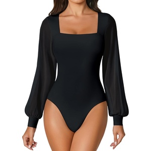 Avidlove Women Puff Long Sleeve Bodysuit Mesh Square Neck Thong Sexy Body Suits Double Lined Leotards(Black)
