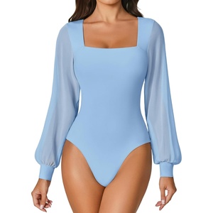 Avidlove Women Puff Long Sleeve Bodysuit Mesh Square Neck Thong Sexy Body Suits Double Lined Leotards(Light Blue)