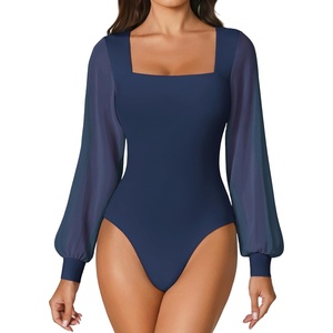 Avidlove Women Puff Long Sleeve Bodysuit Mesh Square Neck Thong Sexy Body Suits Double Lined Leotards(Navy Blue)