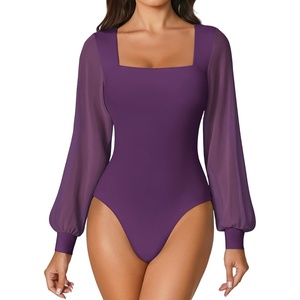Avidlove Women Puff Long Sleeve Bodysuit Mesh Square Neck Thong Sexy Body Suits Double Lined Leotards(Purple)