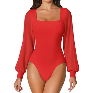 Avidlove Women Puff Long Sleeve Bodysuit Mesh Square Neck Thong Sexy Body Suits Double Lined Leotards(Red)