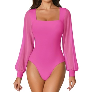 Avidlove Women Puff Long Sleeve Bodysuit Mesh Square Neck Thong Sexy Body Suits Double Lined Leotards(Rose Red)