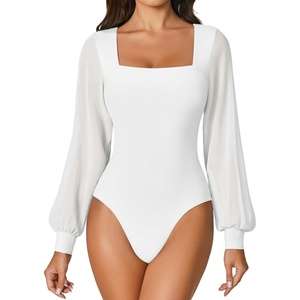 Avidlove Women Puff Long Sleeve Bodysuit Mesh Square Neck Thong Sexy Body Suits Double Lined Leotards(White)