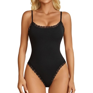 Avidlove Women Square Neck Lace Bodysuit Sleeveless Spaghetti Strap Tank Top Body Suits(Black)