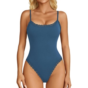 Avidlove Women Square Neck Lace Bodysuit Sleeveless Spaghetti Strap Tank Top Body Suits(Dark Blue)