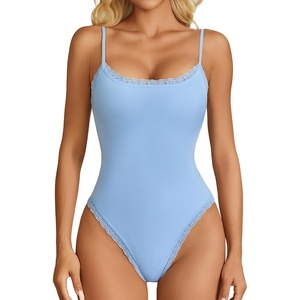 Avidlove Women Square Neck Lace Bodysuit Sleeveless Spaghetti Strap Tank Top Body Suits(Light Blue)