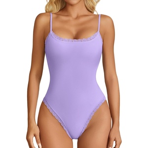 Avidlove Women Square Neck Lace Bodysuit Sleeveless Spaghetti Strap Tank Top Body Suits(Lilac)