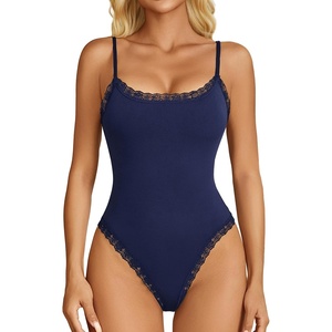 Avidlove Women Square Neck Lace Bodysuit Sleeveless Spaghetti Strap Tank Top Body Suits(Navy Blue)