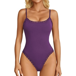Avidlove Women Square Neck Lace Bodysuit Sleeveless Spaghetti Strap Tank Top Body Suits(Purple)
