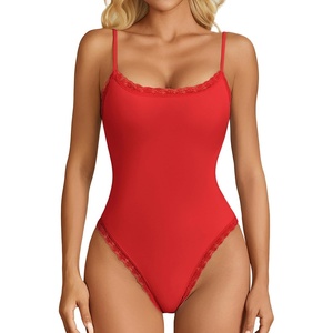 Avidlove Women Square Neck Lace Bodysuit Sleeveless Spaghetti Strap Tank Top Body Suits(Red)