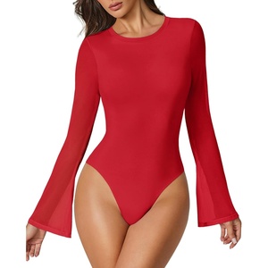 Avidlove Women’s Bell Long Sleeve Bodysuits Thong Crew Neck Mesh Body Suit Going Out Leotard Tops(Red)