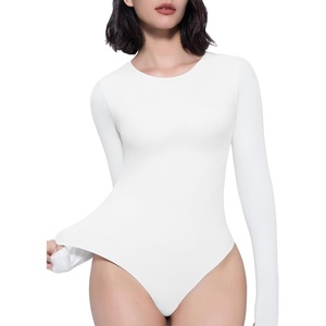 Avidlove Women’s Crew Neck Long Sleeve Bodysuits Basic Slim Tops | Double Lined Thong Bodysuit Shirt(White)
