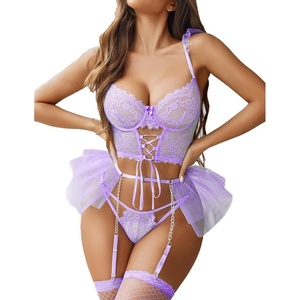 Avidlove Womens Garter Lingerie Sets Valentine 3 Piece Underwire Sexy Bra and Panty Set With Mesh Mini Skirts S-XXL(Lilac)