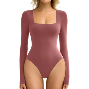 Avidlove Women’s Long Sleeve Bodysuit Double Lined Square Neck Body Suit Tops Snap Closure Soft(Purple Red)