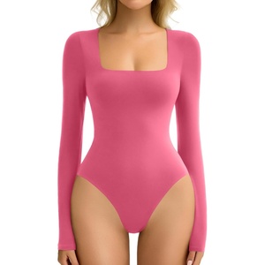 Avidlove Women’s Long Sleeve Bodysuit Double Lined Square Neck Body Suit Tops Snap Closure Soft(Rose Red)