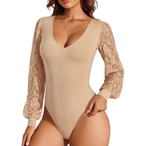 Avidlove Womens Long Sleeve Bodysuit Double Lined V Neck Lace Puff Sleeves Going Out Top Shirts Thong Leotard Body Suit(Beige)