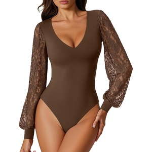 Avidlove Womens Long Sleeve Bodysuit Double Lined V Neck Lace Puff Sleeves Going Out Top Shirts Thong Leotard Body Suit(Brown)