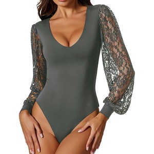 Avidlove Womens Long Sleeve Bodysuit Double Lined V Neck Lace Puff Sleeves Going Out Top Shirts Thong Leotard Body Suit(Grey)
