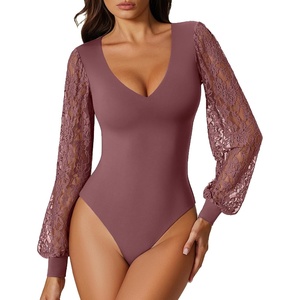 Avidlove Womens Long Sleeve Bodysuit Double Lined V Neck Lace Puff Sleeves Going Out Top Shirts Thong Leotard Body Suit(Purple)