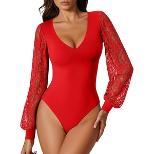 Avidlove Womens Long Sleeve Bodysuit Double Lined V Neck Lace Puff Sleeves Going Out Top Shirts Thong Leotard Body Suit(Red)